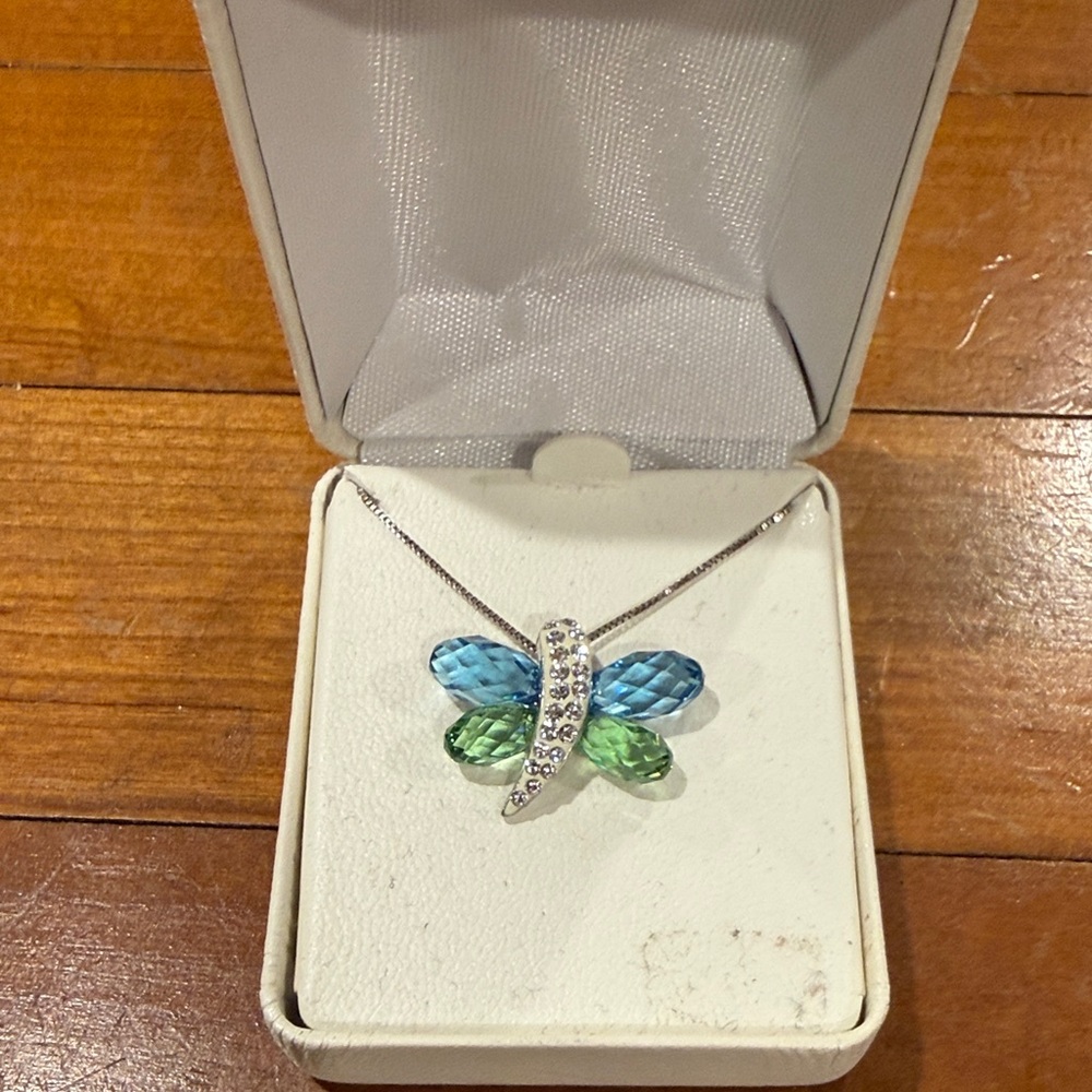 Sterling Dragonfly Pendant Necklace with Blue and Green Crystals